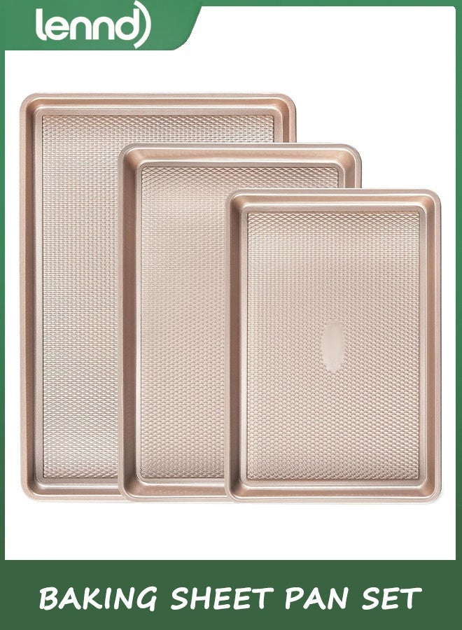 LENND Baking Sheet Pan Set of 3, Cookie Sheets for Oven, Nonstick Half/Quarter/Jelly Roll Pans with Diamond Texture Pattern, 0.8mm Thick Heavy Duty Cookie Tray, Champagne Gold - Image 1